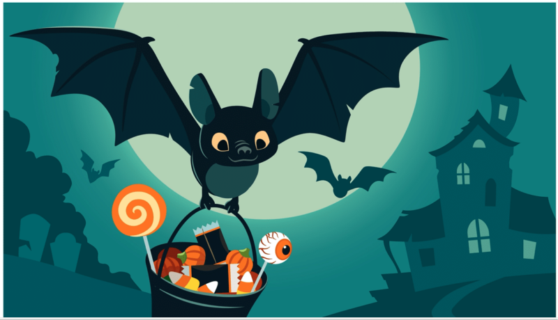 A photo of a bat holding a basket of candy with a haunted house in the background