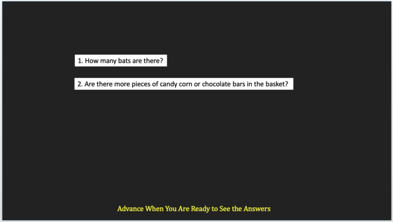 Black PowerPoint slide with white text with questions