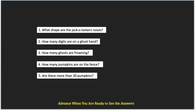 Black PowerPoint slide with white text with questions