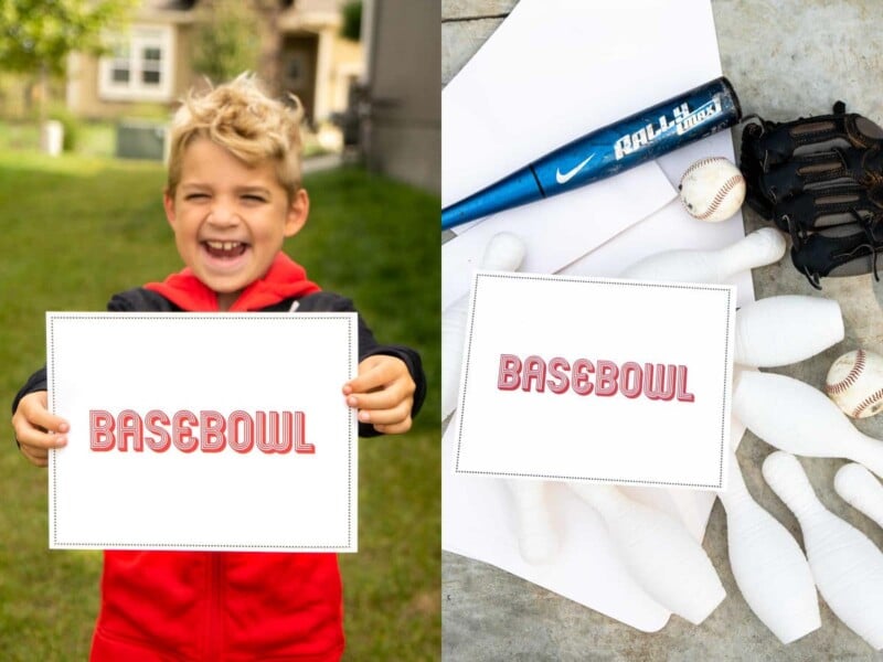 A kid holding a sign that says basebowl and baseball equipment