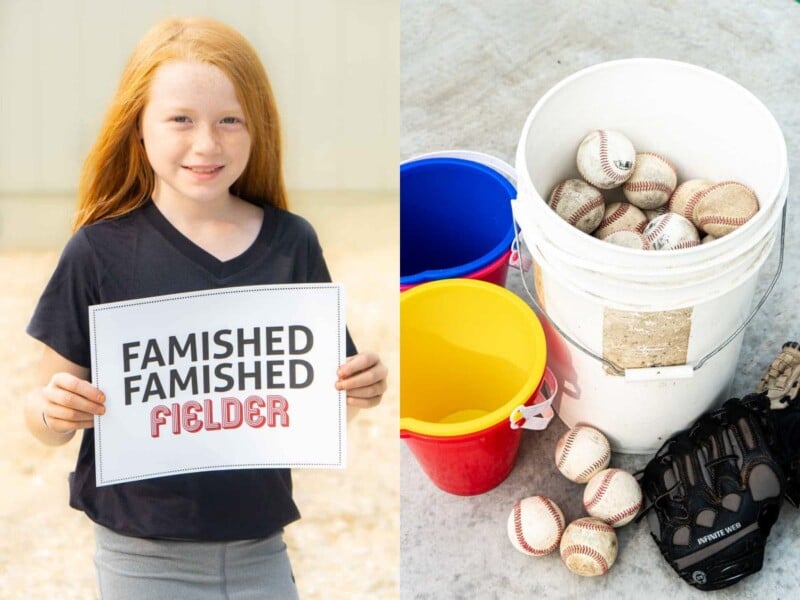 Girl holding a sign that says famished famished fielder