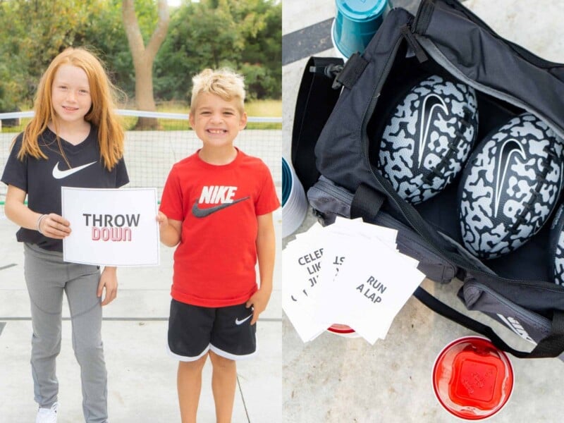 Kids holding a sign that says throw down and a bag with footballs and cards