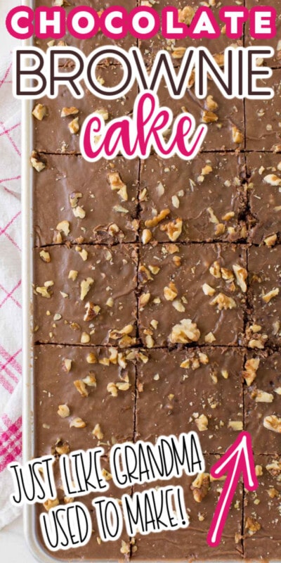 A sheet pan with cut chocolate brownie cake with walnuts with text for Pinterest