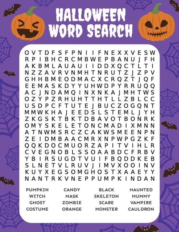 Printed Halloween word search with an orange magnifying glass