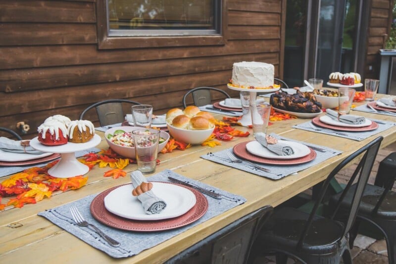 Fall party table with fall colored foods