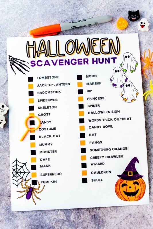 Halloween scavenger hunt with orange and black checkboxes