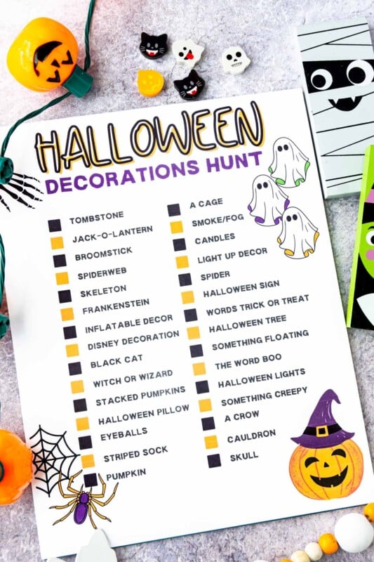 Printed out Halloween decorations hunt