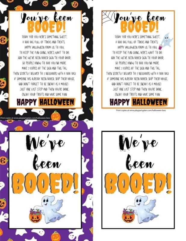 Four different You've been booed sign with a black background and ghosts