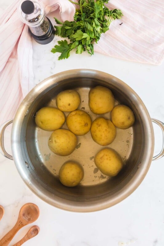 A metal pot with yellow potatoes inside