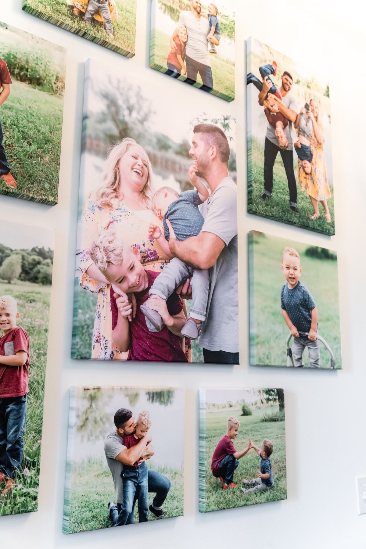 An angle shot of a family photo wall