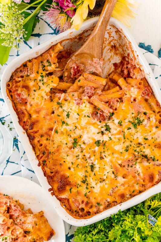 Top down view of a rectangle baking dish of baked ziti