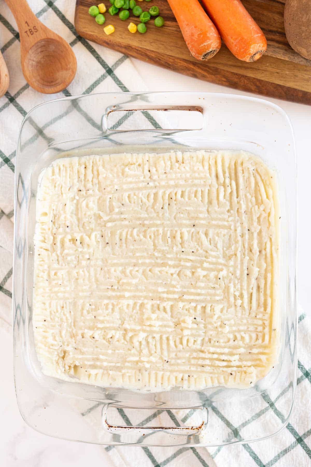 Mashed potatoes in a glass baking dish