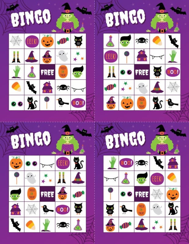 Four Halloween bingo cards