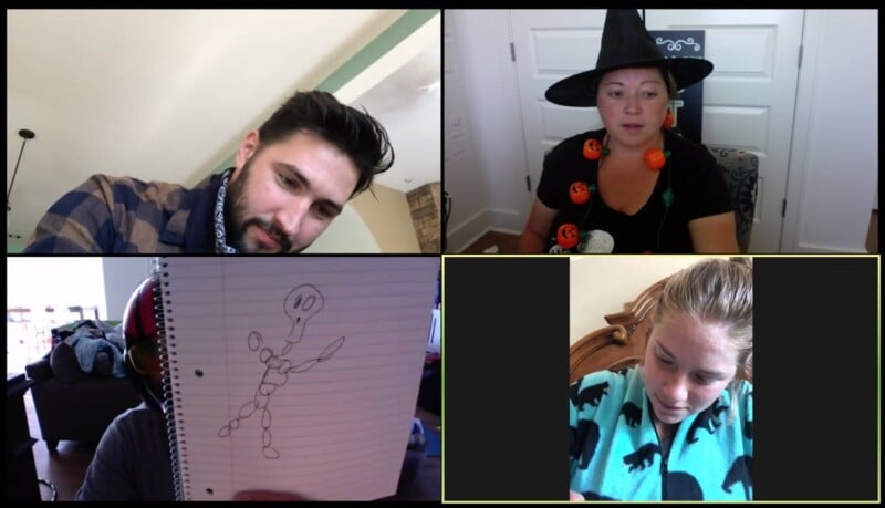 Four people on zoom with a picture of a skeleton