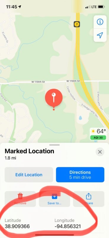 Apple Maps screenshot with GPS coordinates circled