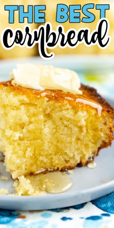 A large piece of cornbread with text for Pinterest