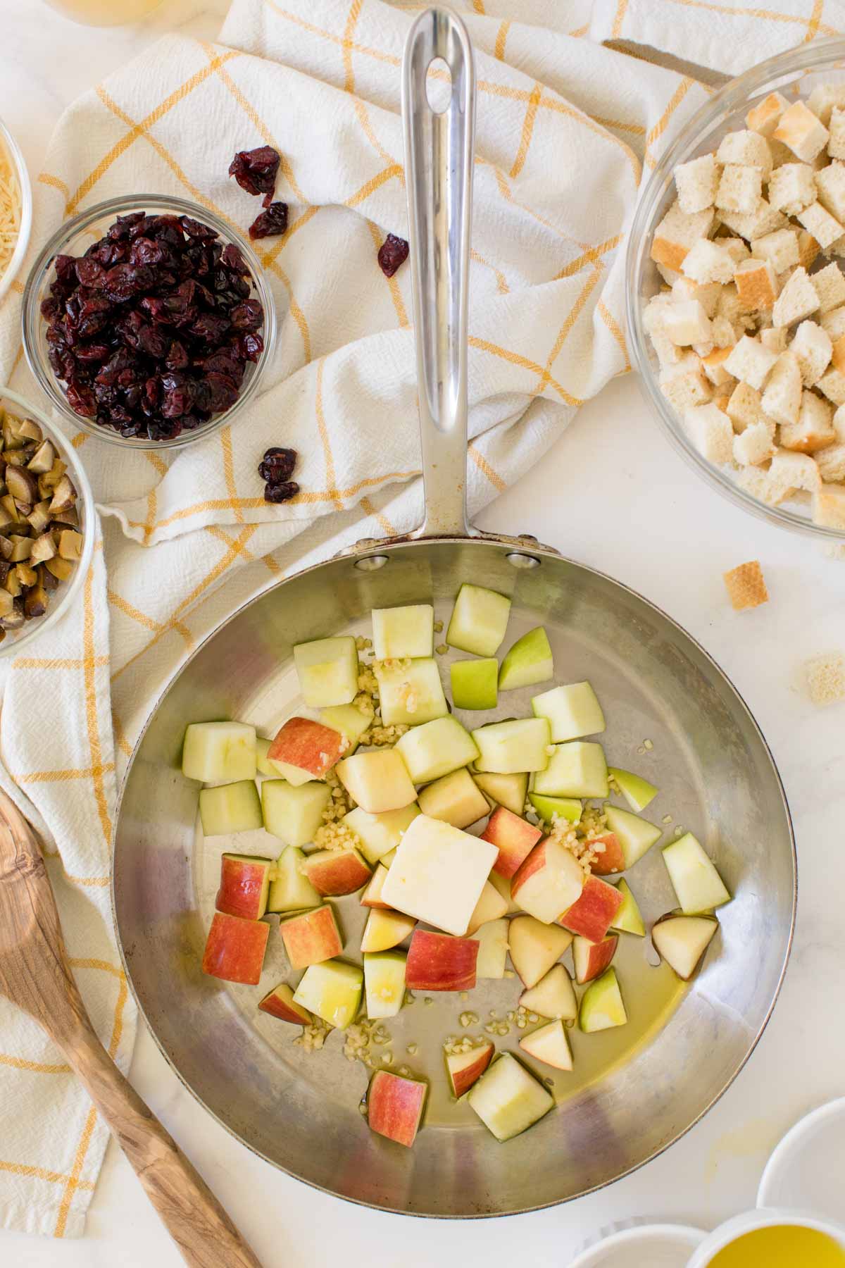 Cubed apples in a metal pan 