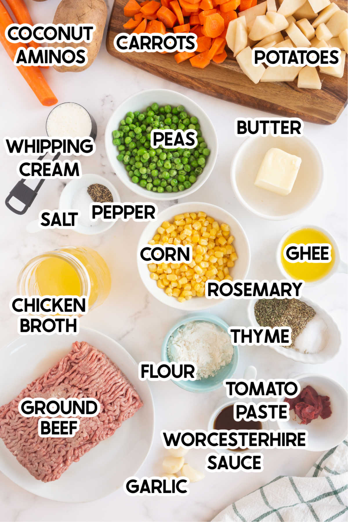 Ingredients with labels for shepherds pie