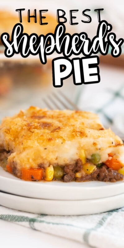 A white plate with a piece of easy shepherds pie on it