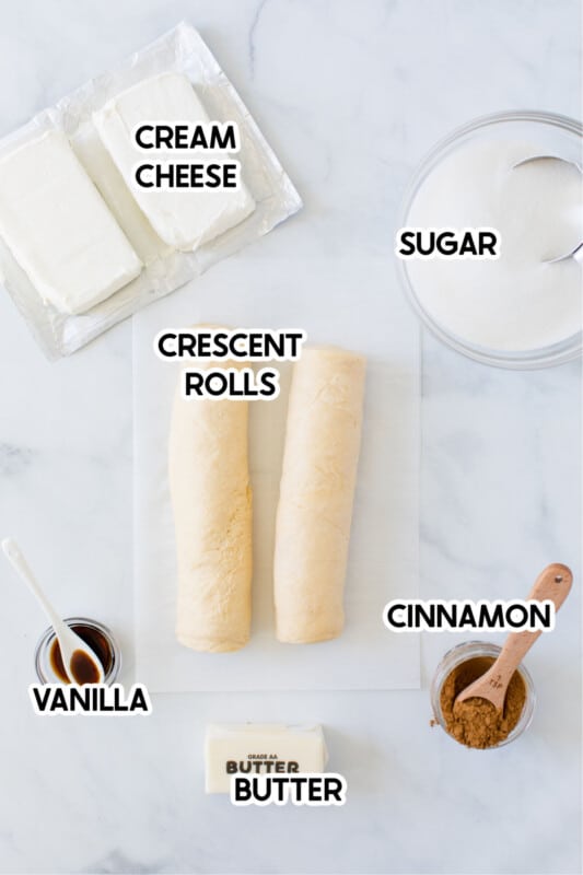ingredients needed for sopapilla cheesecake with labels