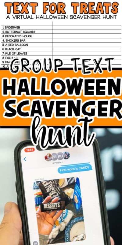 Two photos of a group Halloween scavenger hunt with text for Pinterest