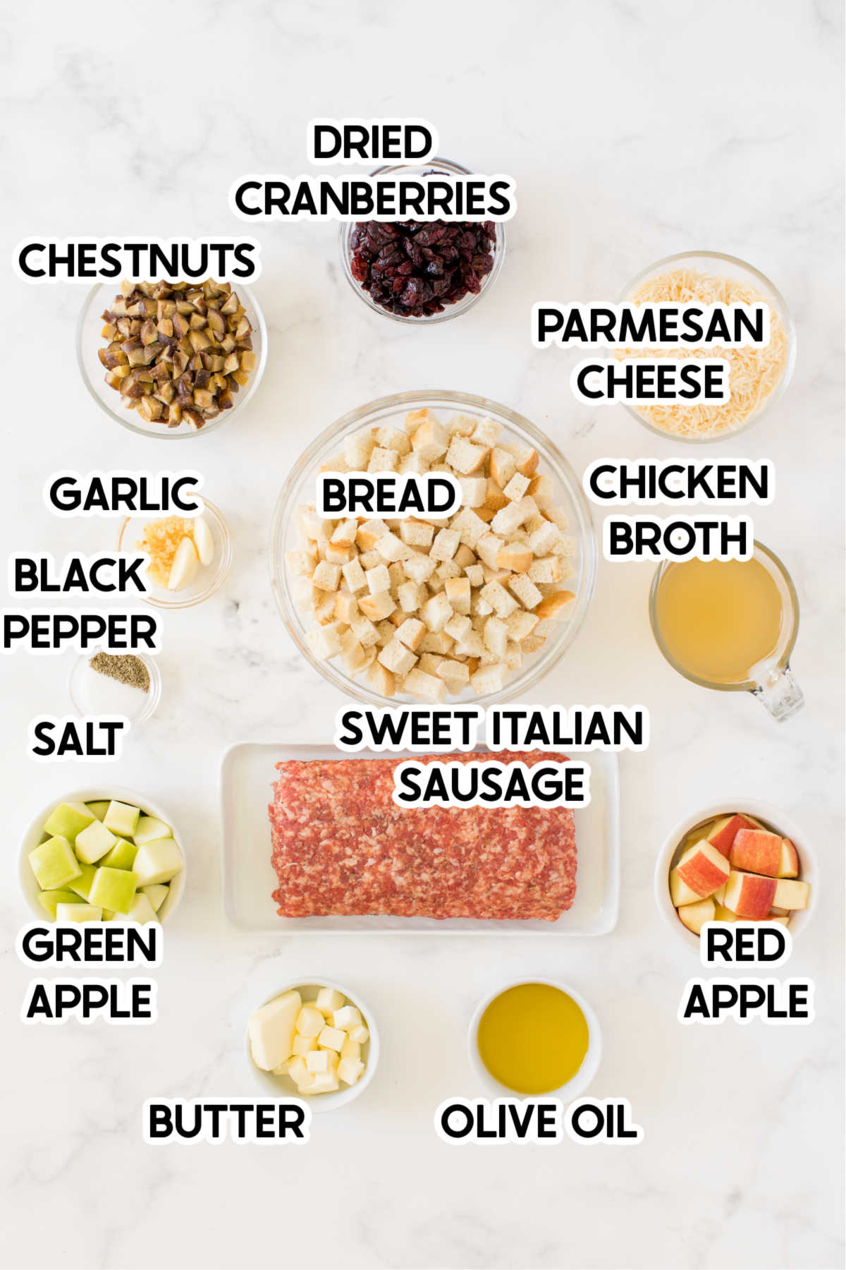 Ingredients for a sausage stuffing in glass bowls