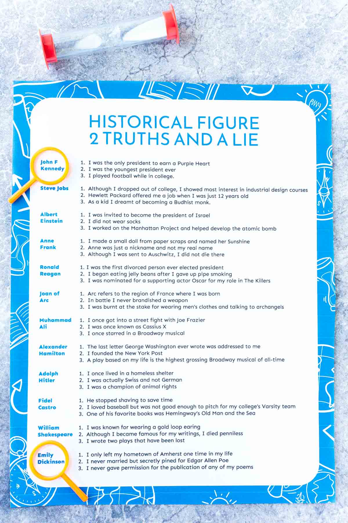 Printed out historical two truths and a lie game with a sand timer