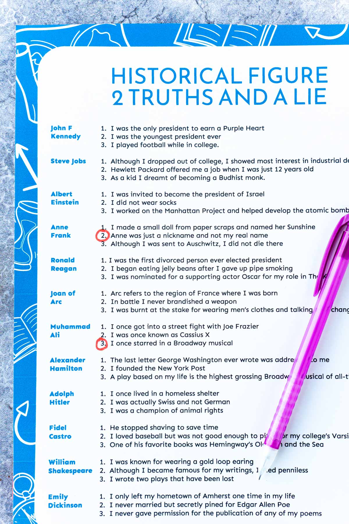 Printed out historical two truths and a lie game with a sand timer