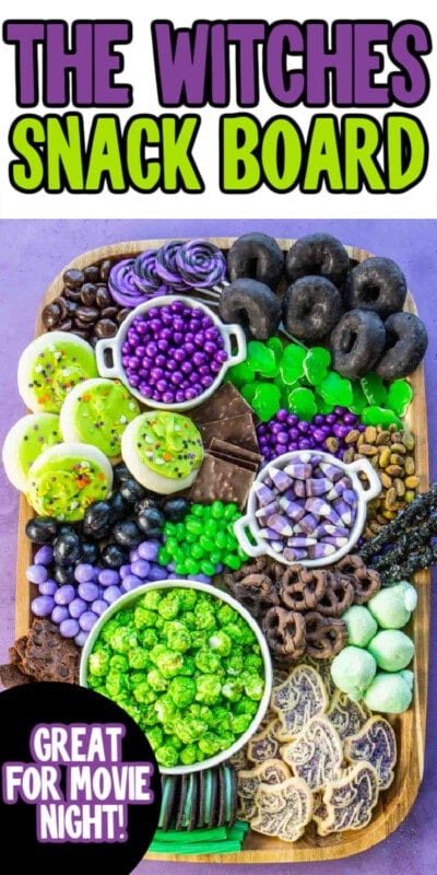 Wood board with lots of purple and green snacks and text for Pinterest