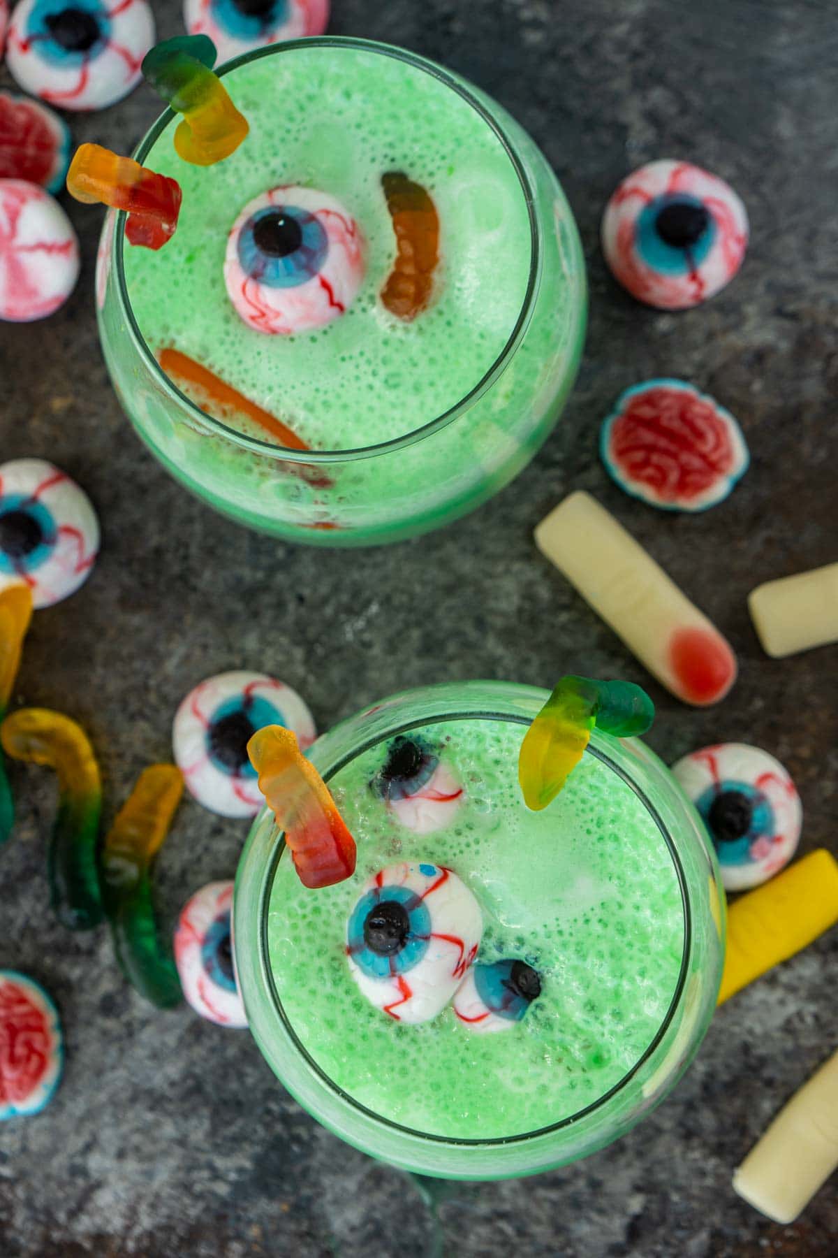 Top down view of a green Halloween punch