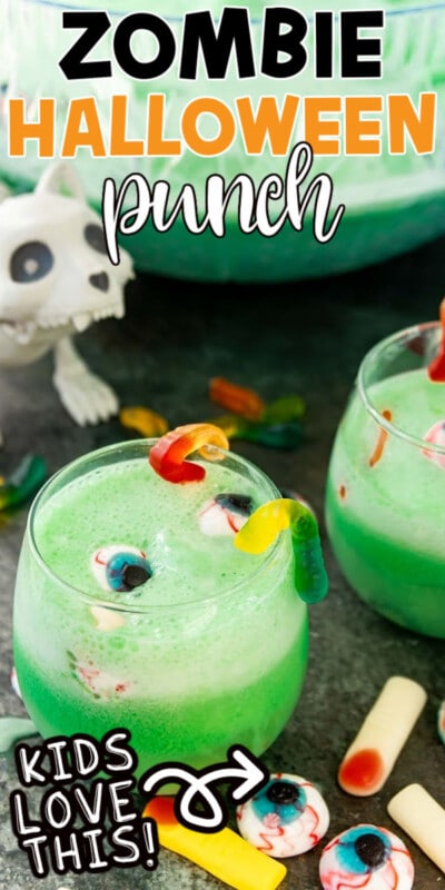 Green Halloween punch with gummy worms
