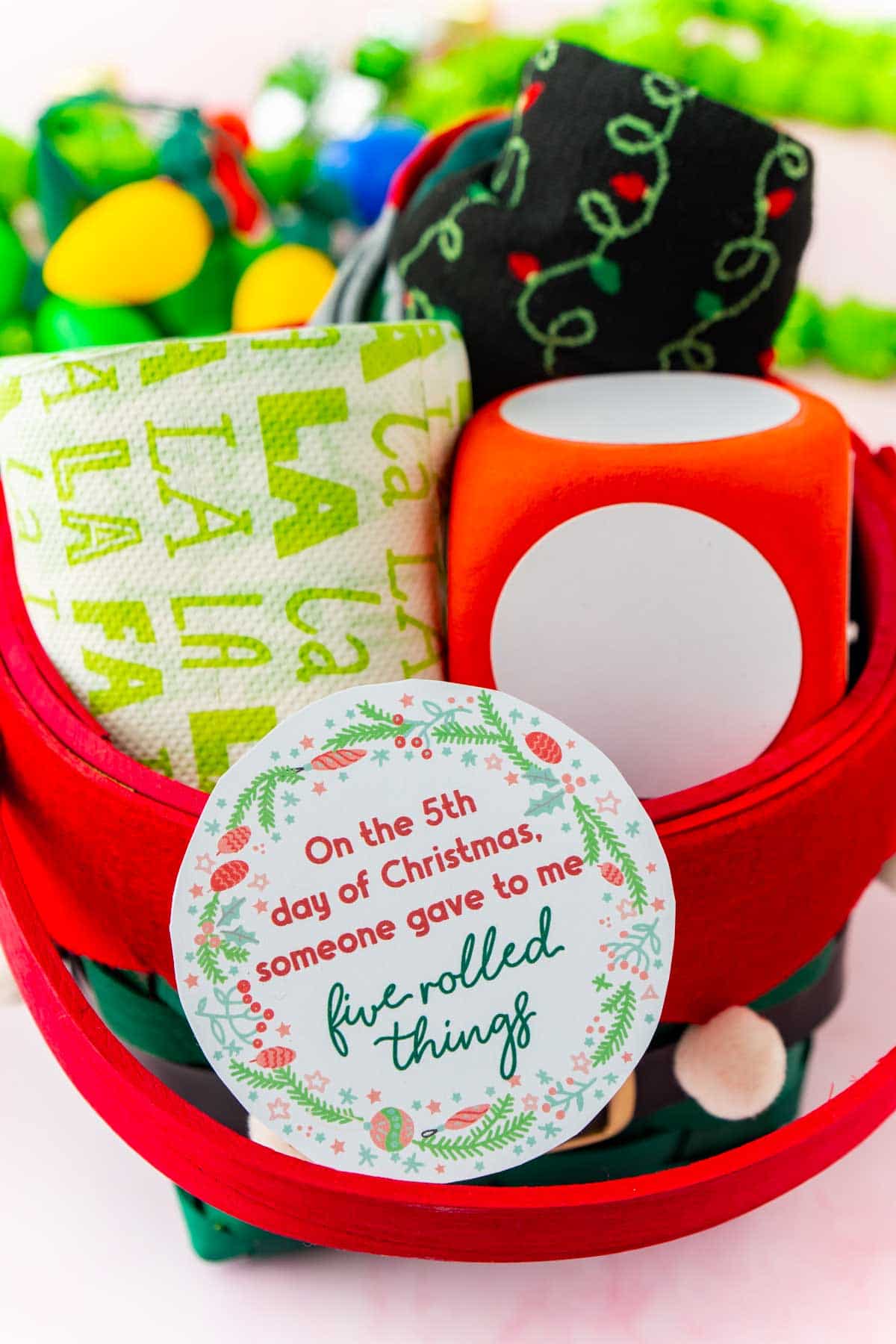 Basket of 12 days of christmas gifts that roll