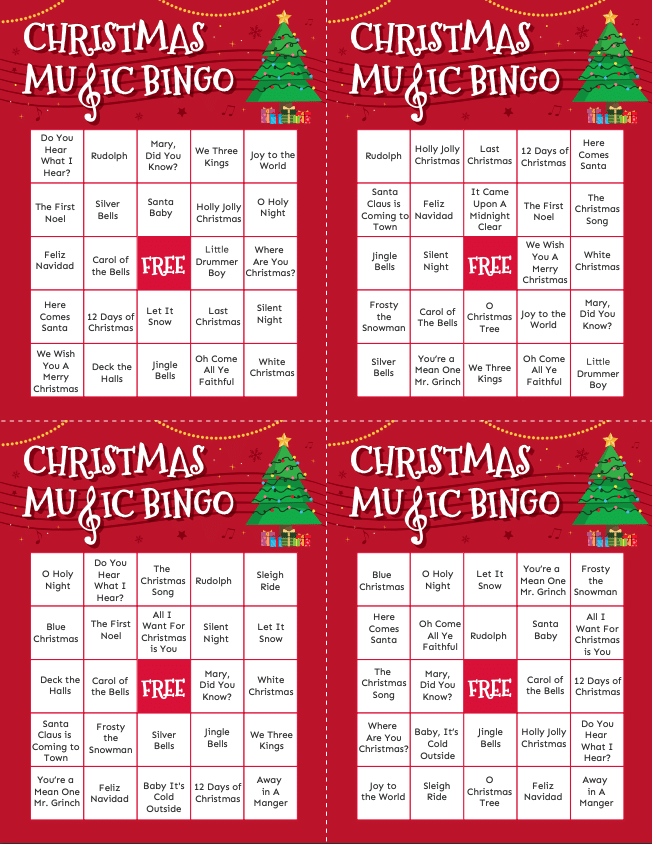 Four Christmas music bingo cards