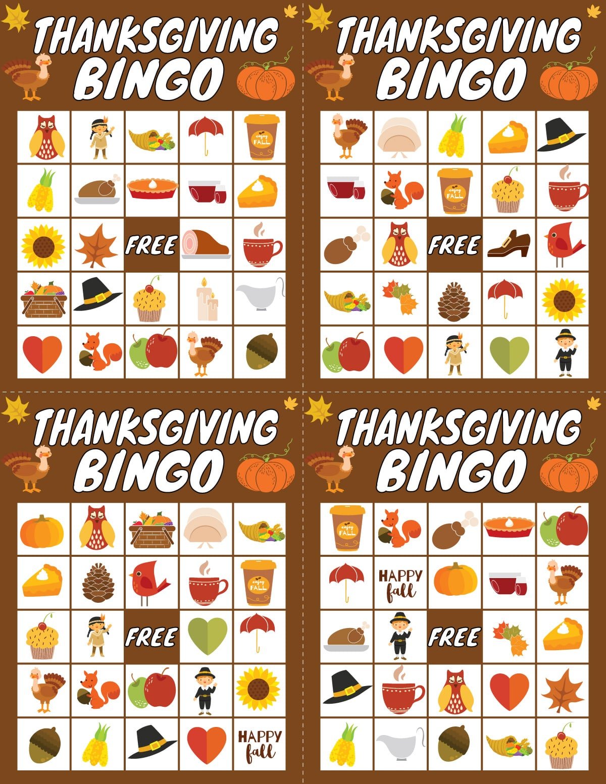 Four Thanksgiving bingo cards with Thanksgiving images on them