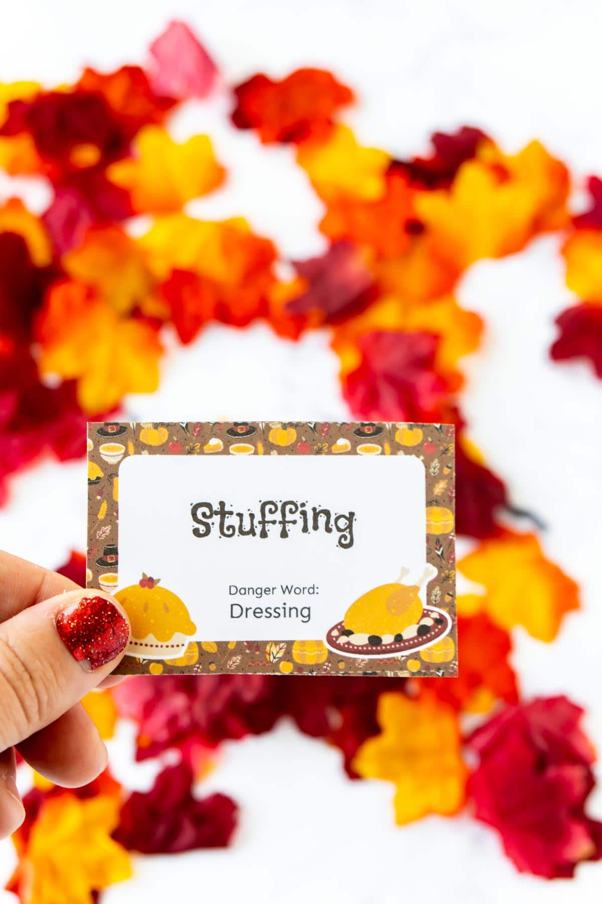 Thanksgiving danger word card with the word stuffing on it