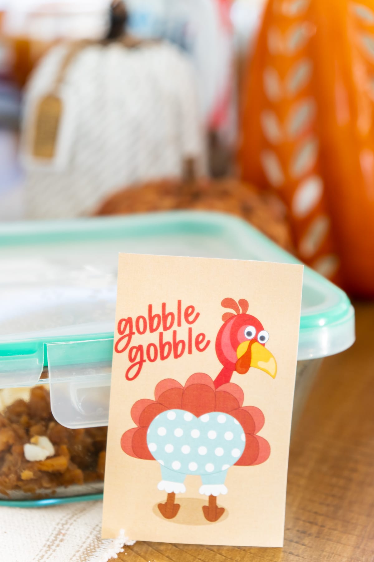 Gobble gobble gift tag with a plastic food container