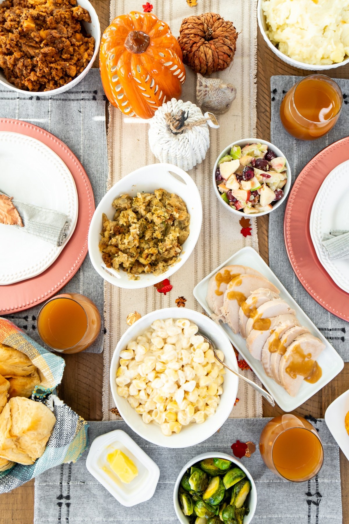 A top shot of a Thanksgiving table set with food