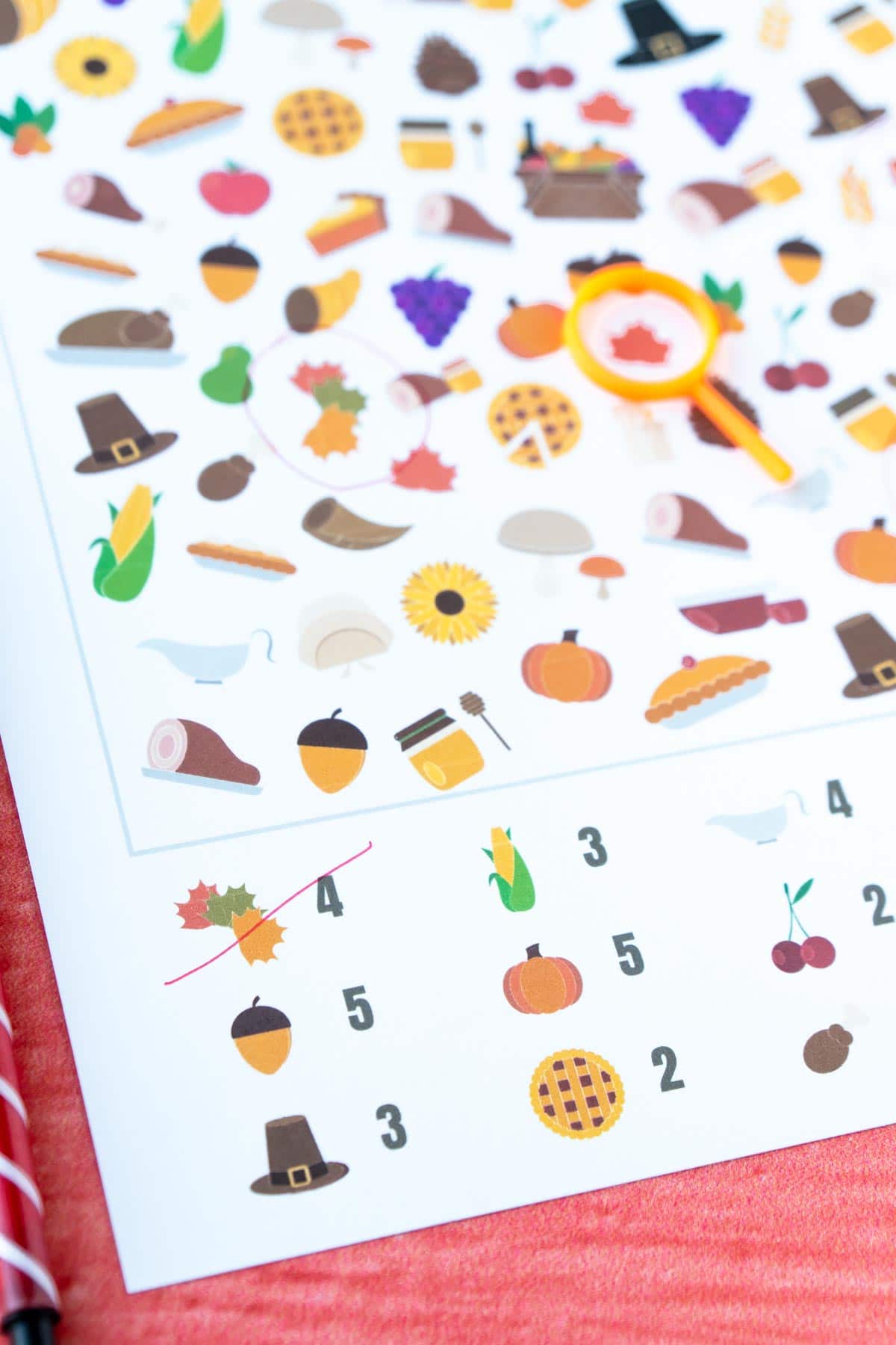 Thanksgiving i spy sheet with the first image crossed out