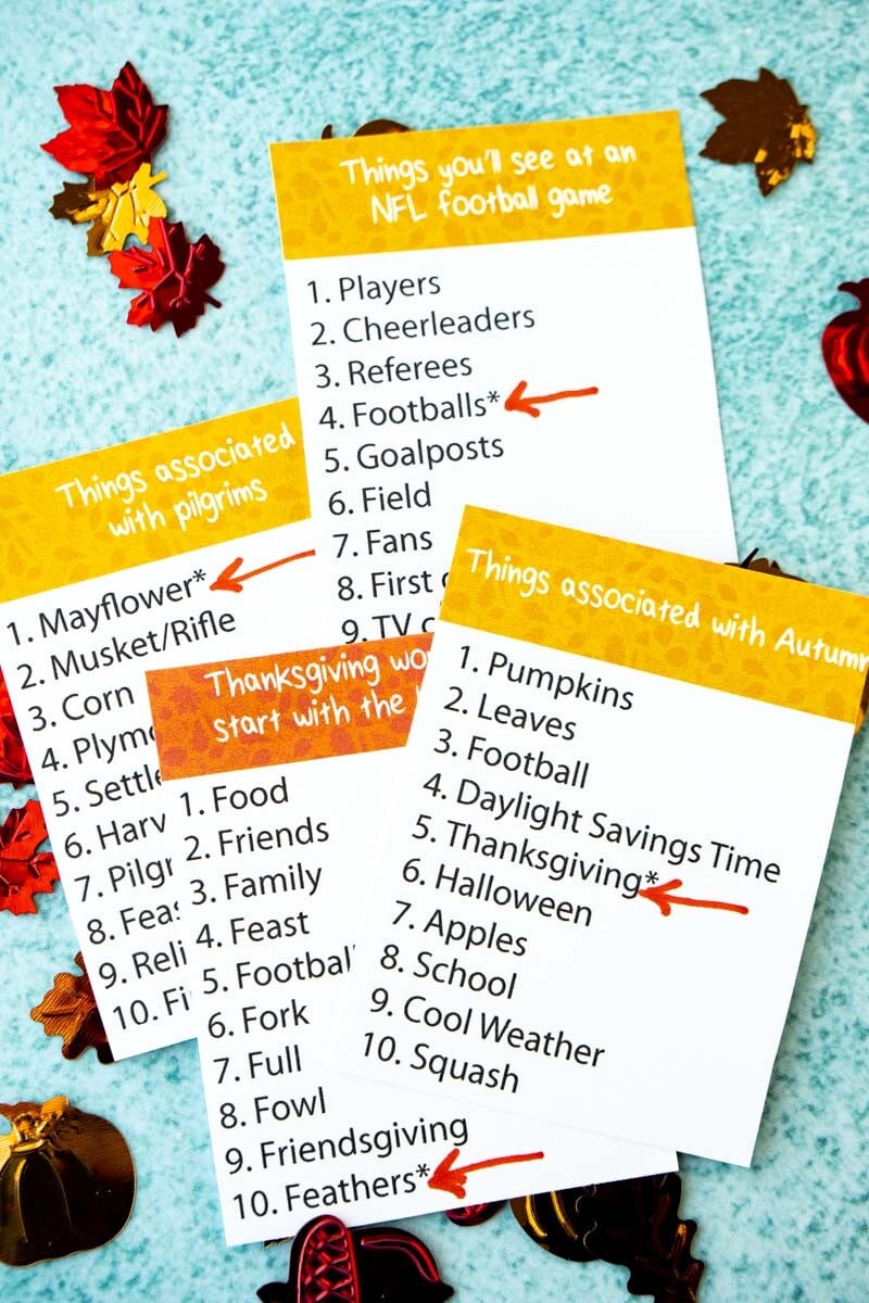 Thanksgiving outburst cards with arrows pointing to bonus words