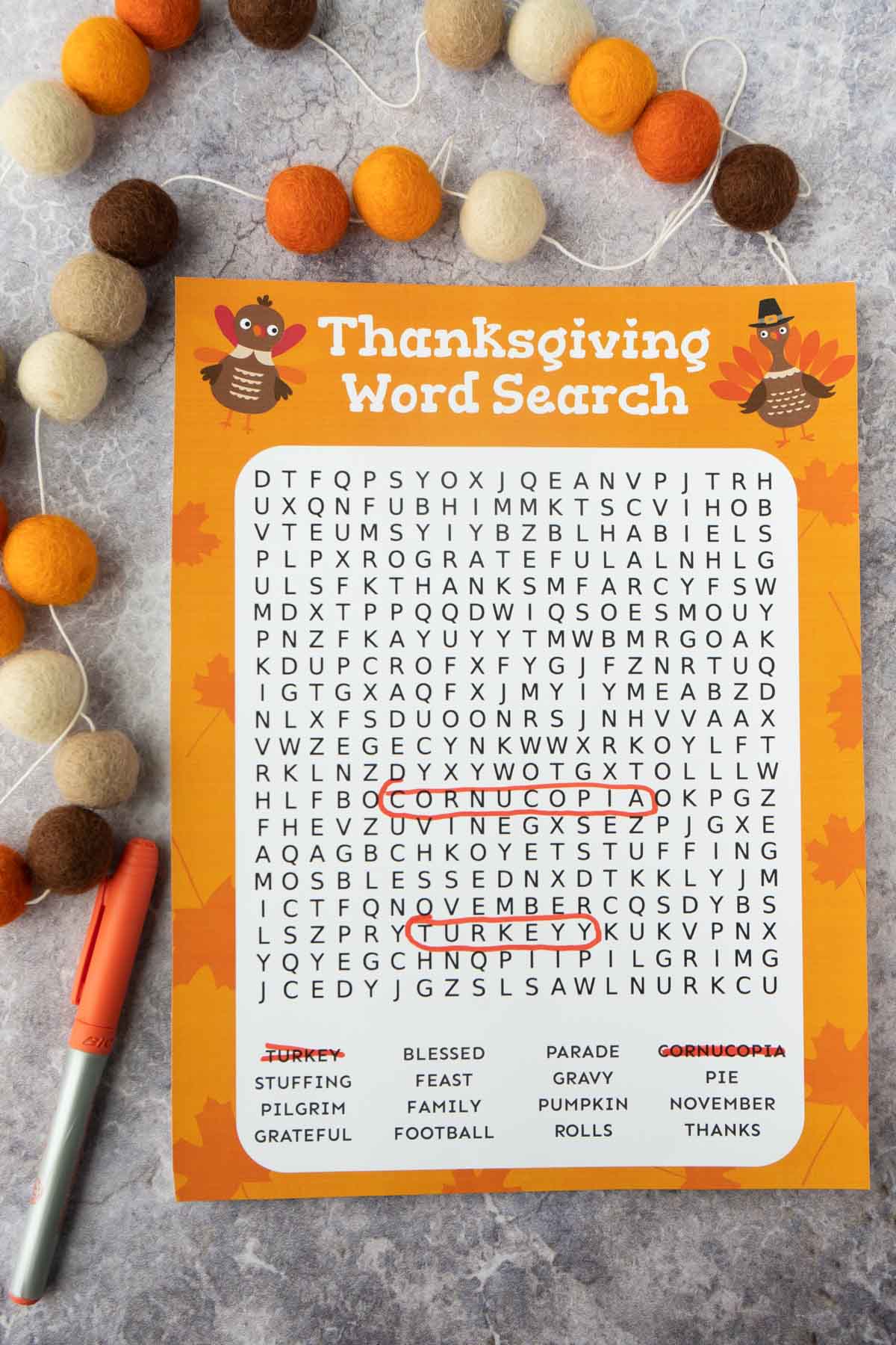 Thanksgiving word search with two words circled