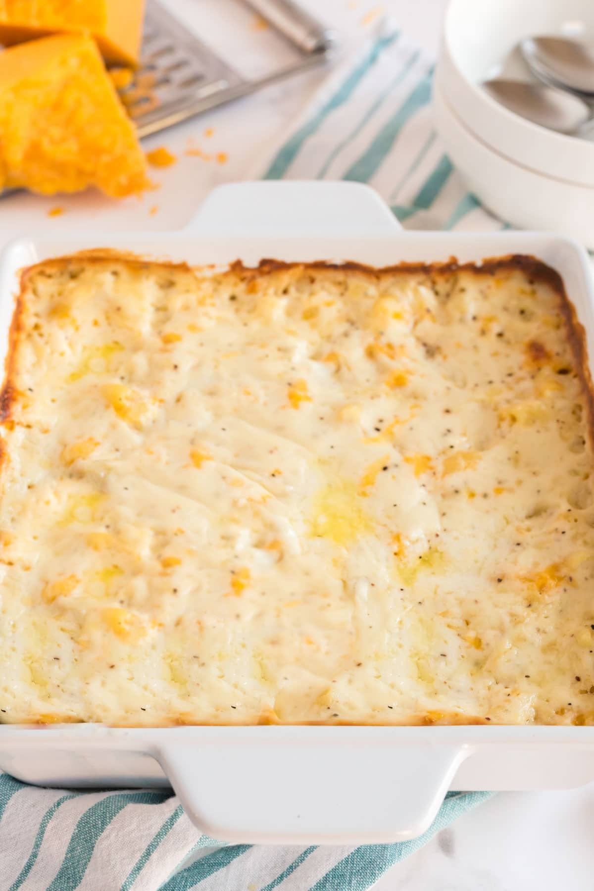 Baked macaroni and cheese with bechamel sauce on top