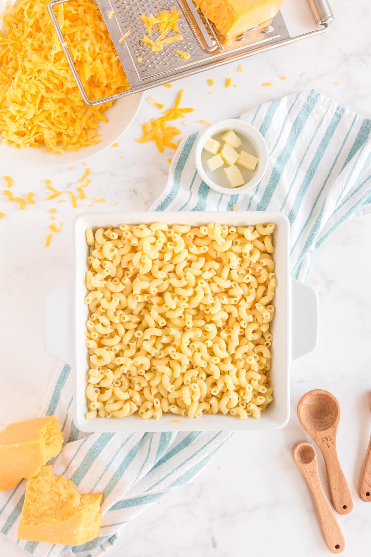 Macaroni in a square baking dish