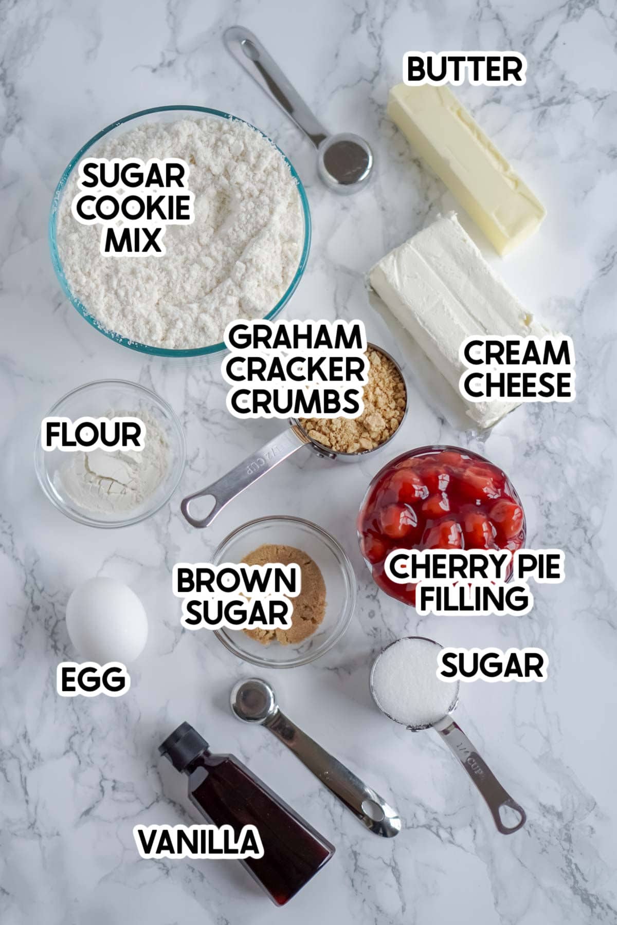 Ingredients for cherry cheesecake cookies with labels