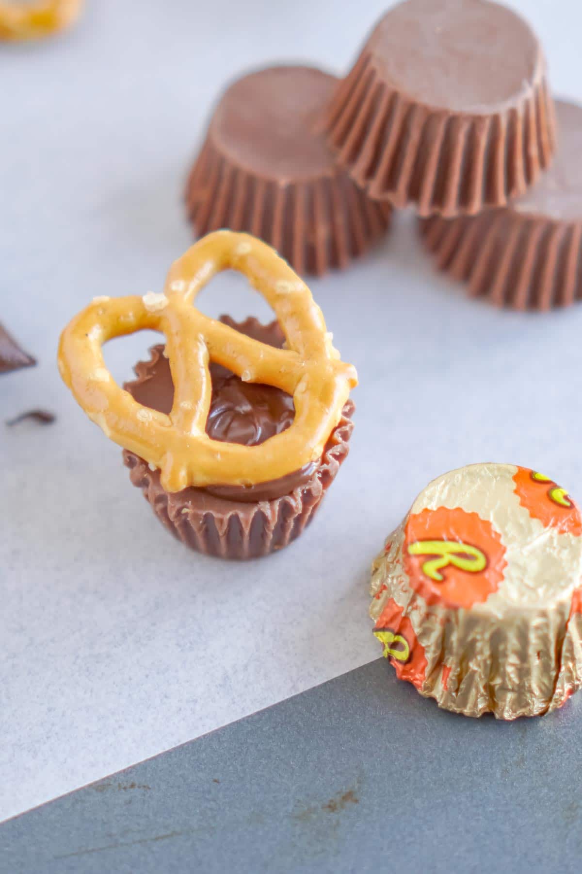 Pretzel on top of a Reese's Peanut Butter cup