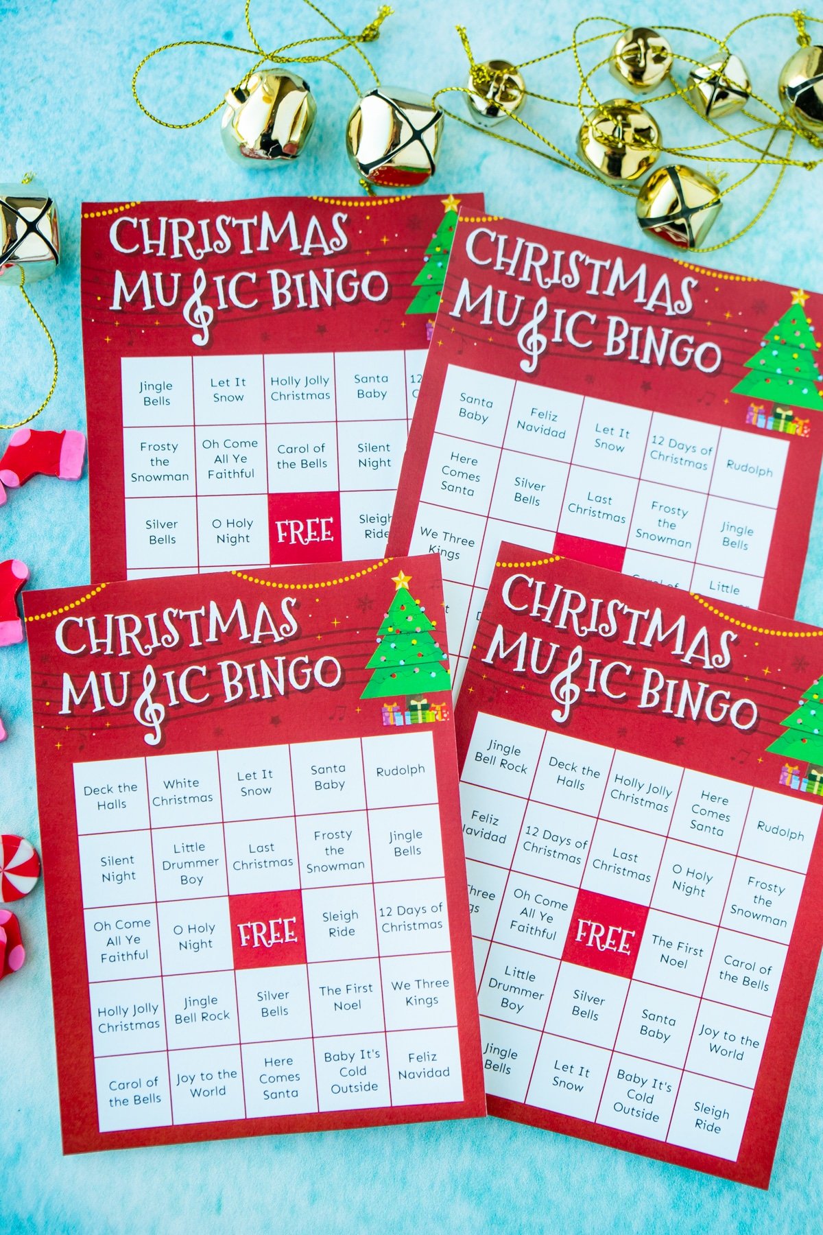 Four Christmas music bingo cards