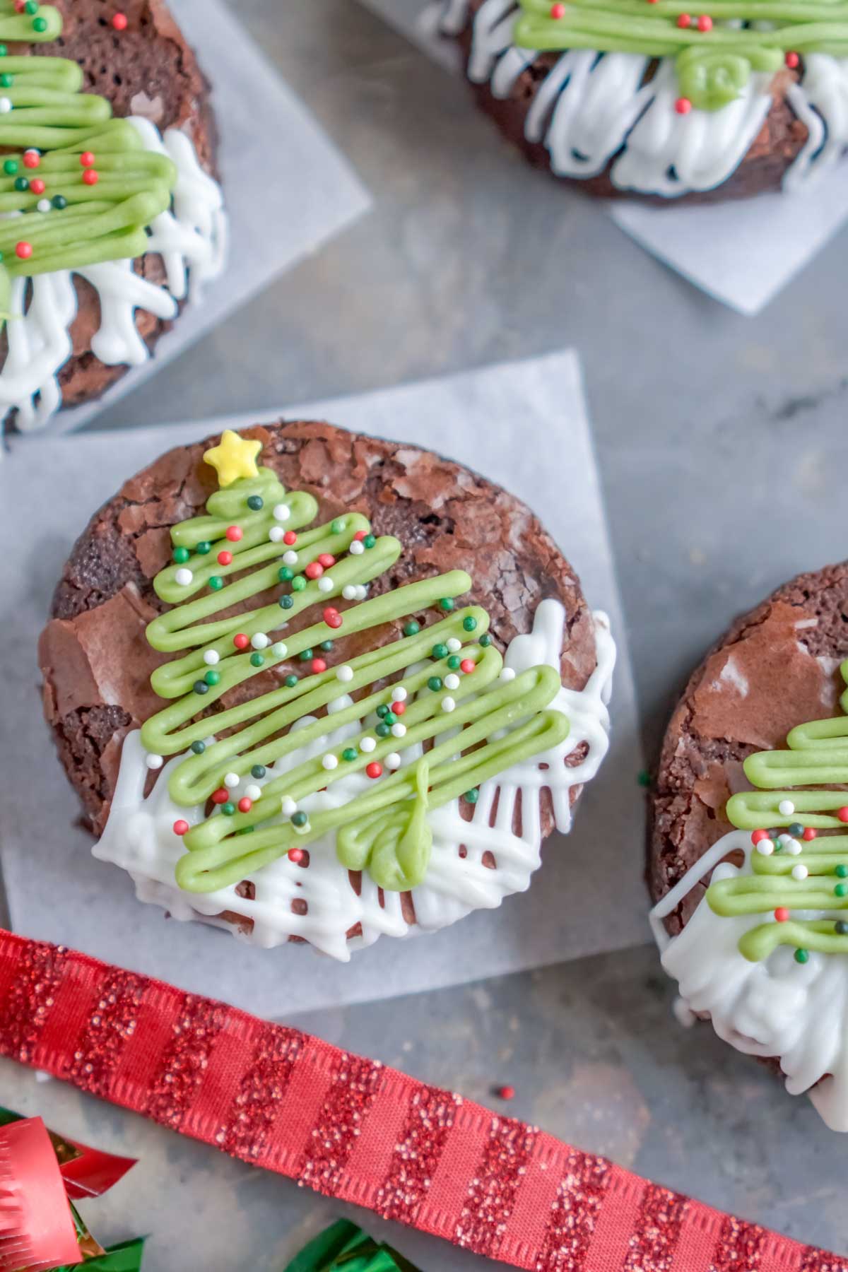 Christmas tree brownies with ribbon for decoration