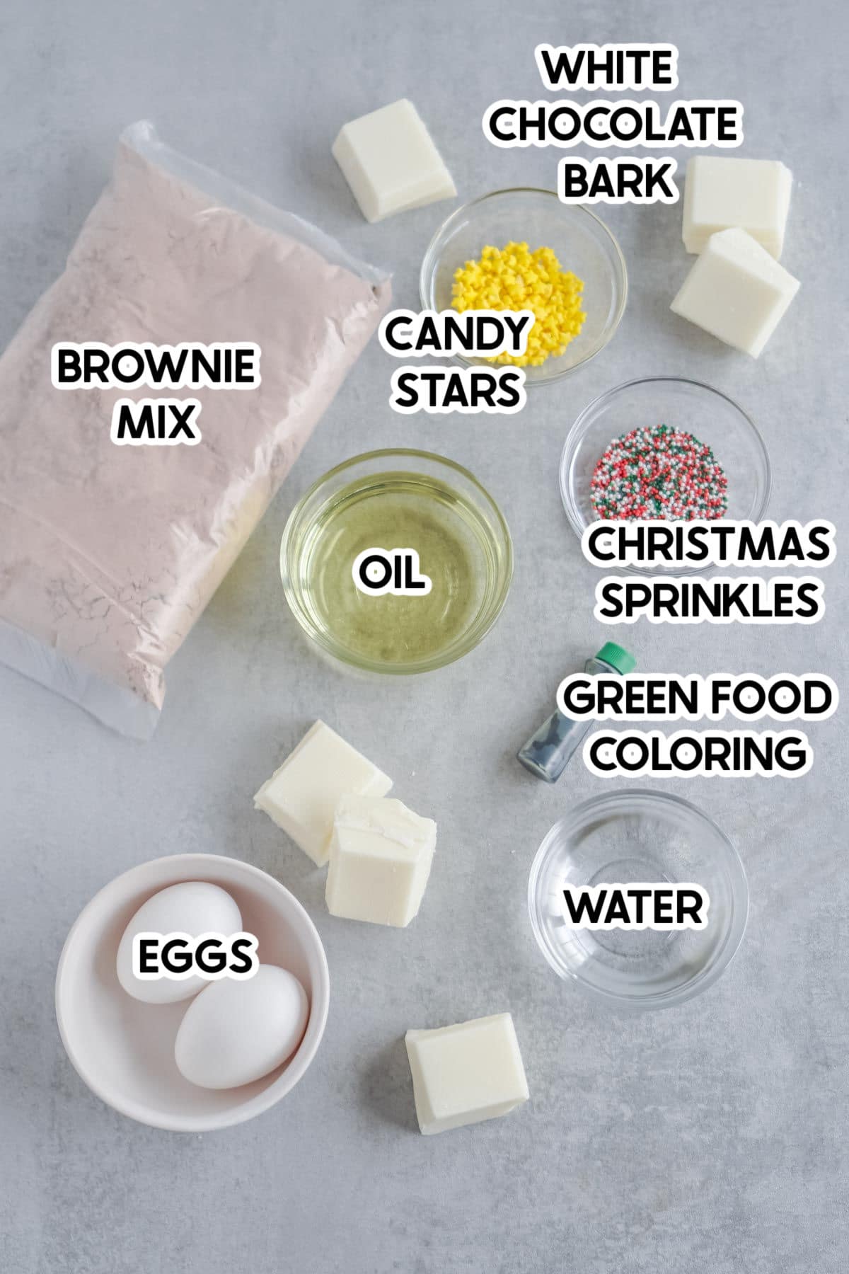 Ingredients for Christmas tree brownies with labels