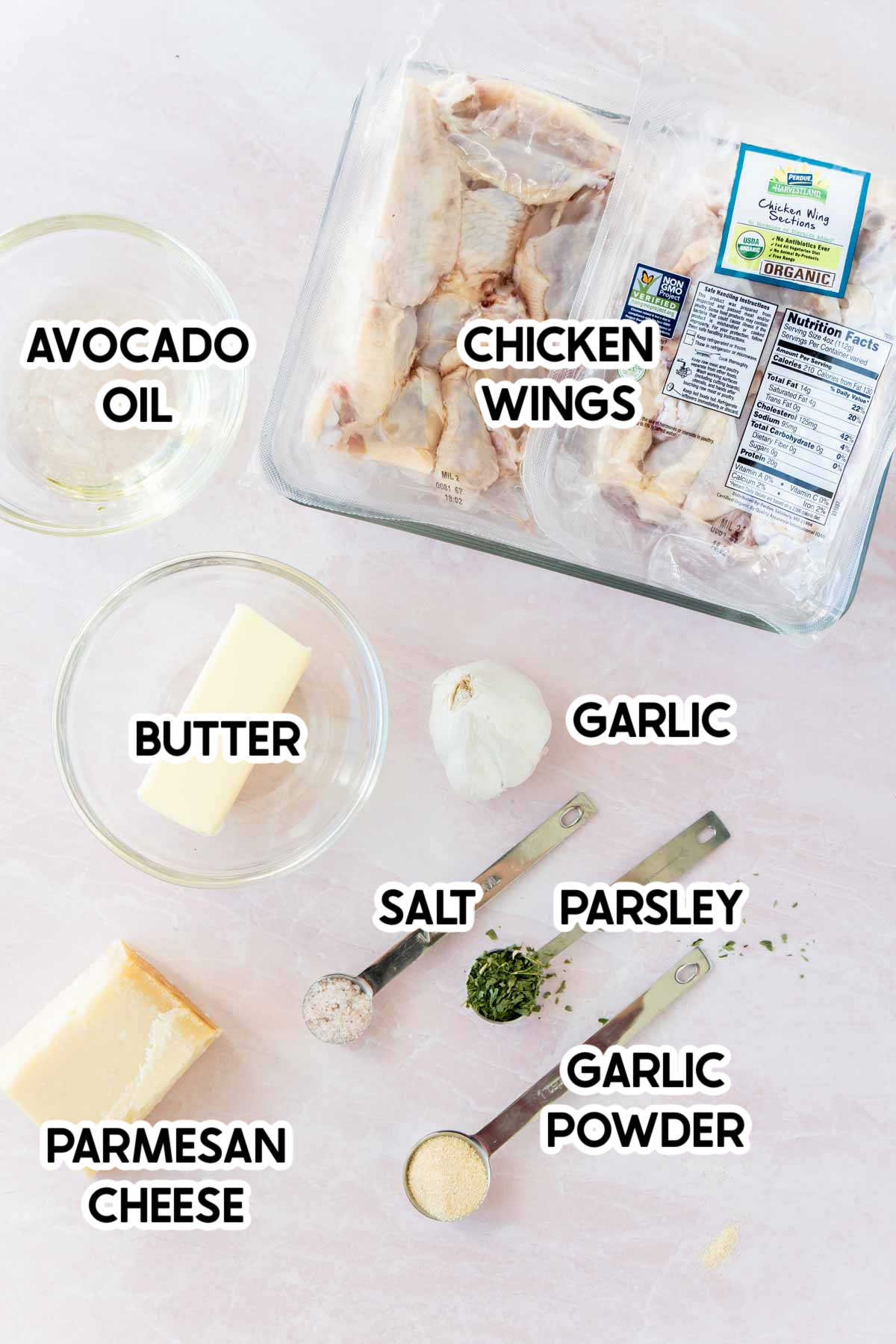 ingredients in garlic parmesan wings with labels on top