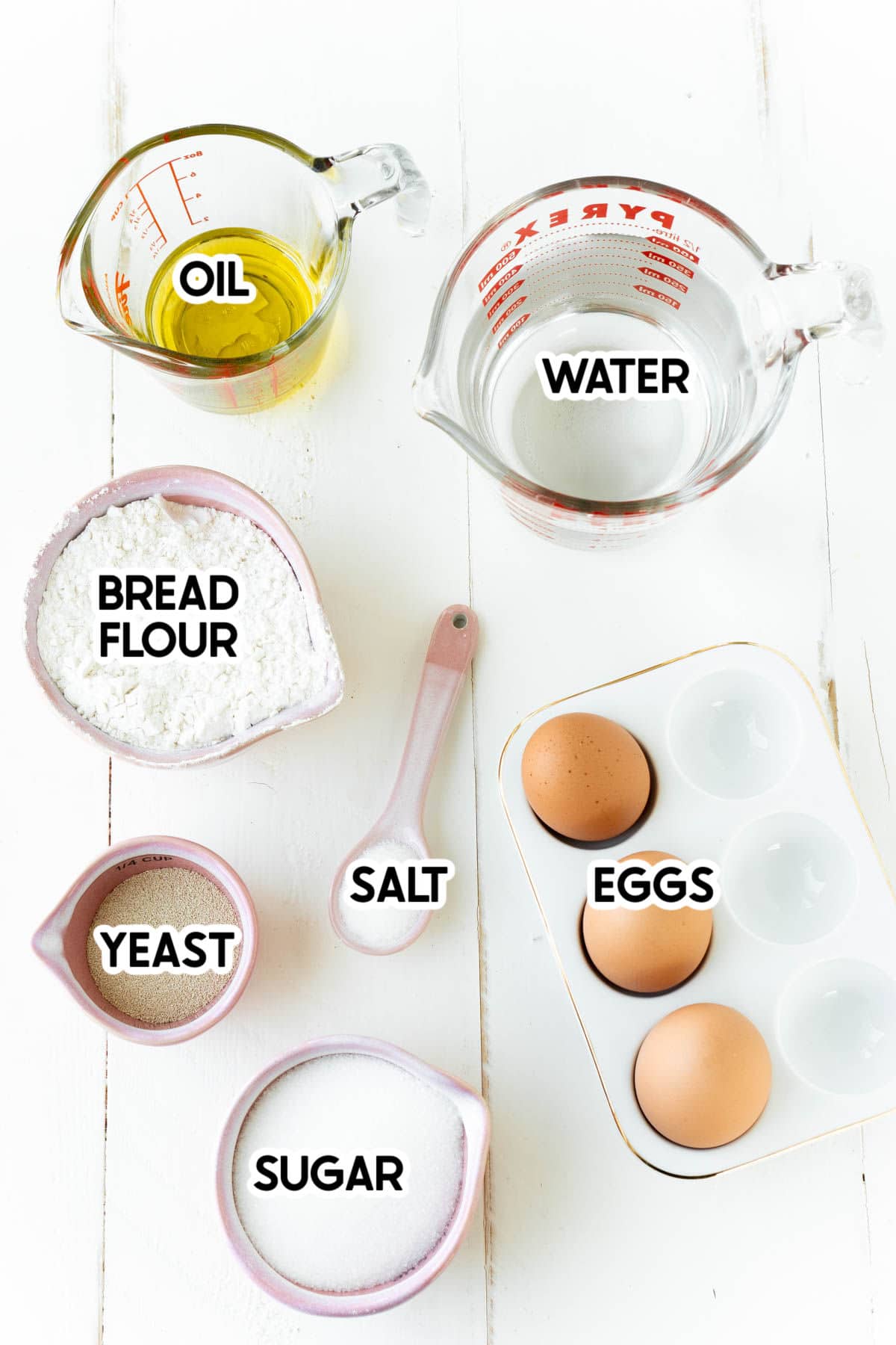 Ingredients for homemade yeast rolls with labels