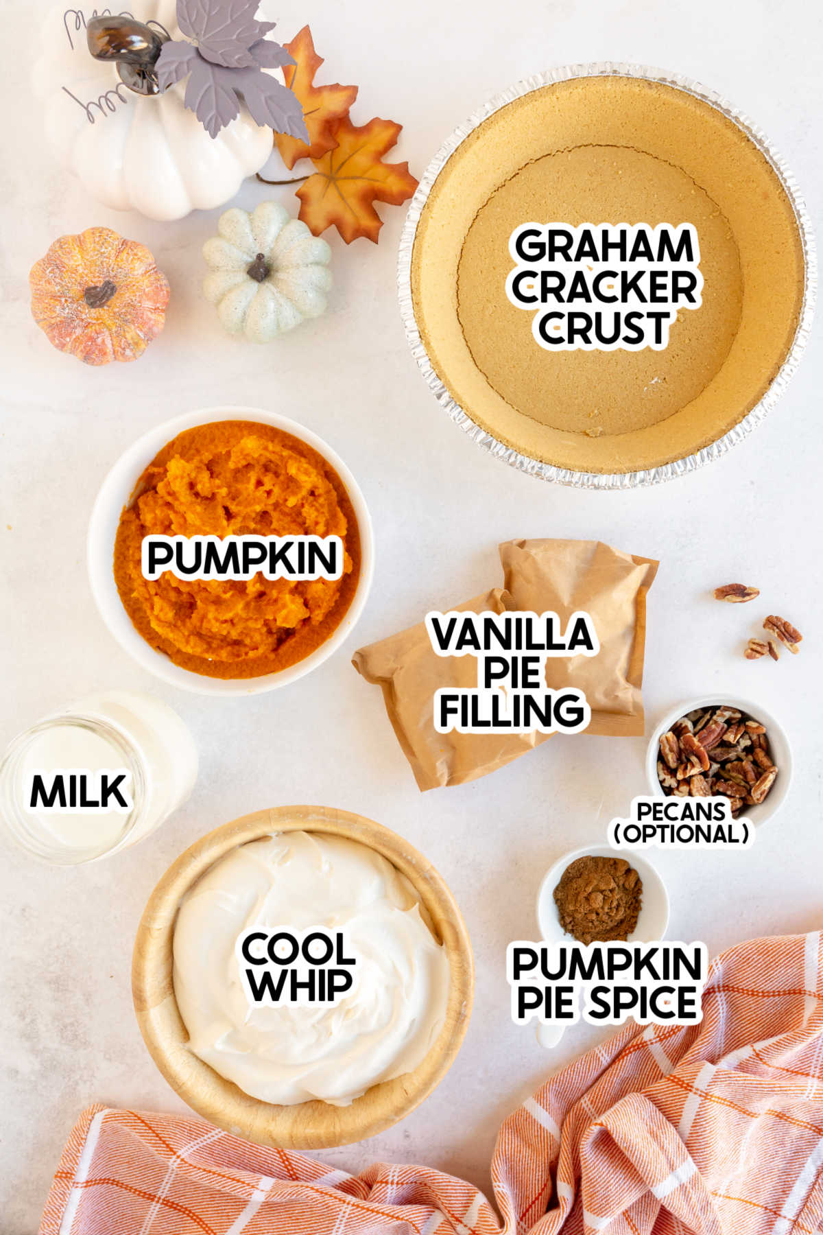 Ingredients for no bake pumpkin pie with labels